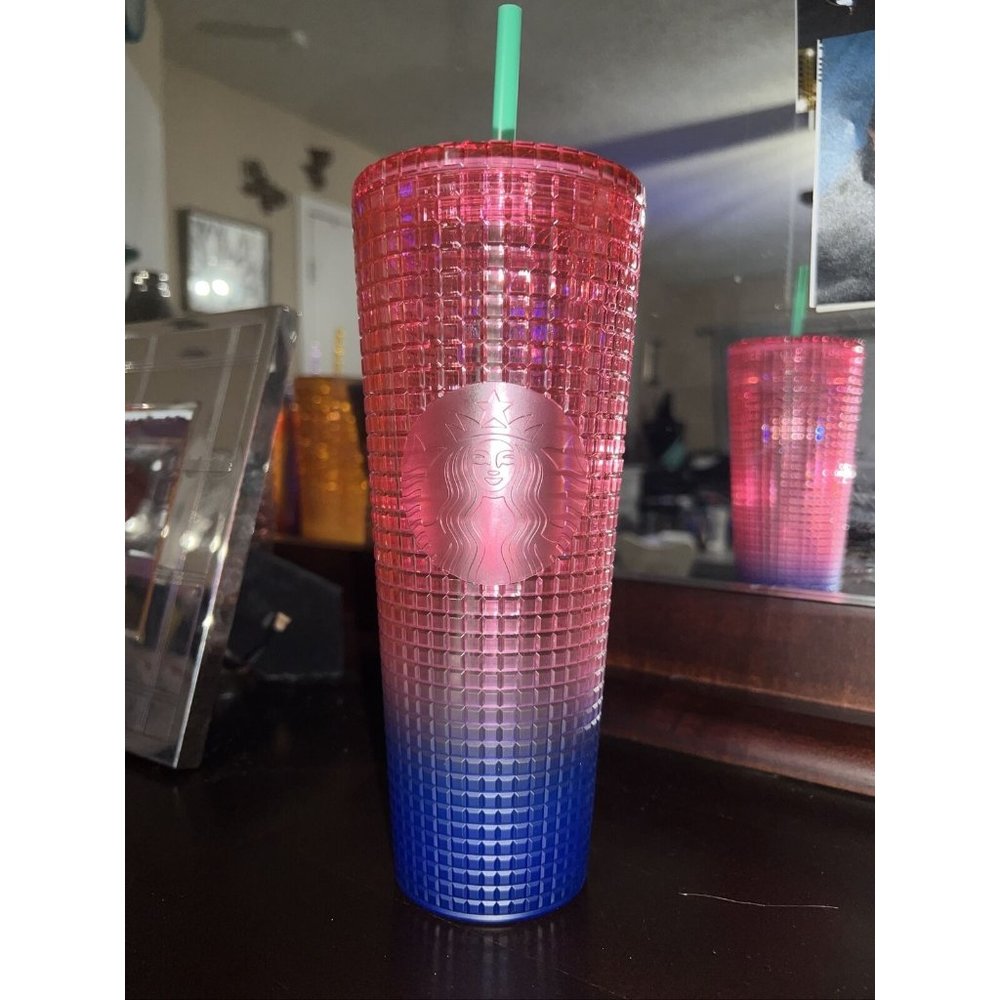 NEW Starbucks Watermelon‎ Pink Purple Gradient Ombre Grid 24oz Venti Tumbler